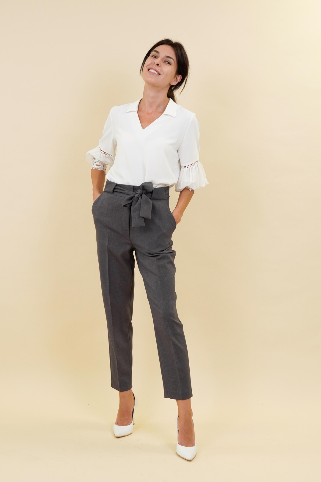Pantaloni Dama Gri cu Curea Gizell-3