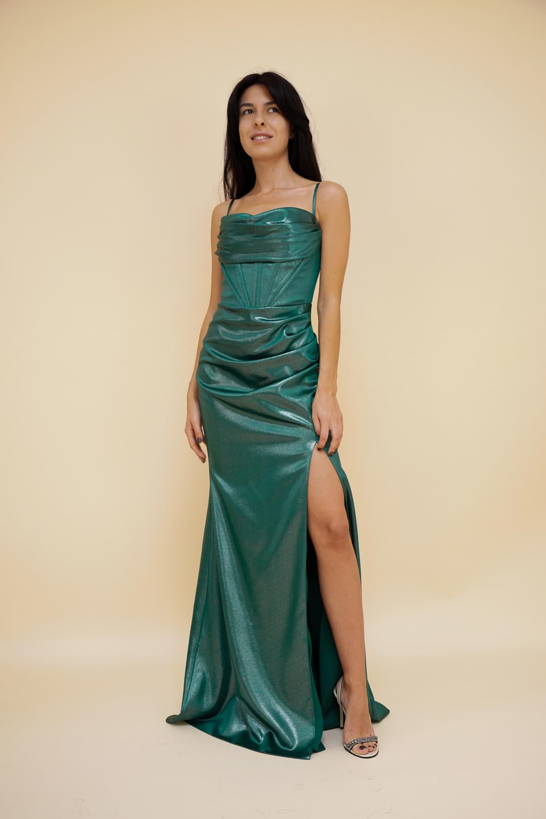 Gizell - Rochie de Seara Lunga Verde Metalic Gizell