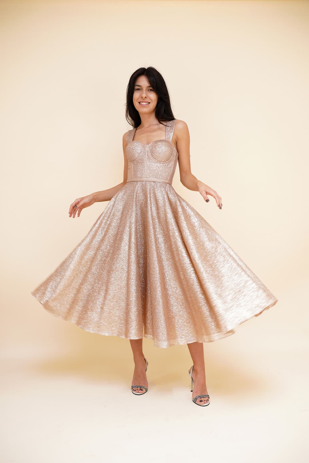 Gizell - Rochie de Seara Midi cu Sclipici Bej Gizell