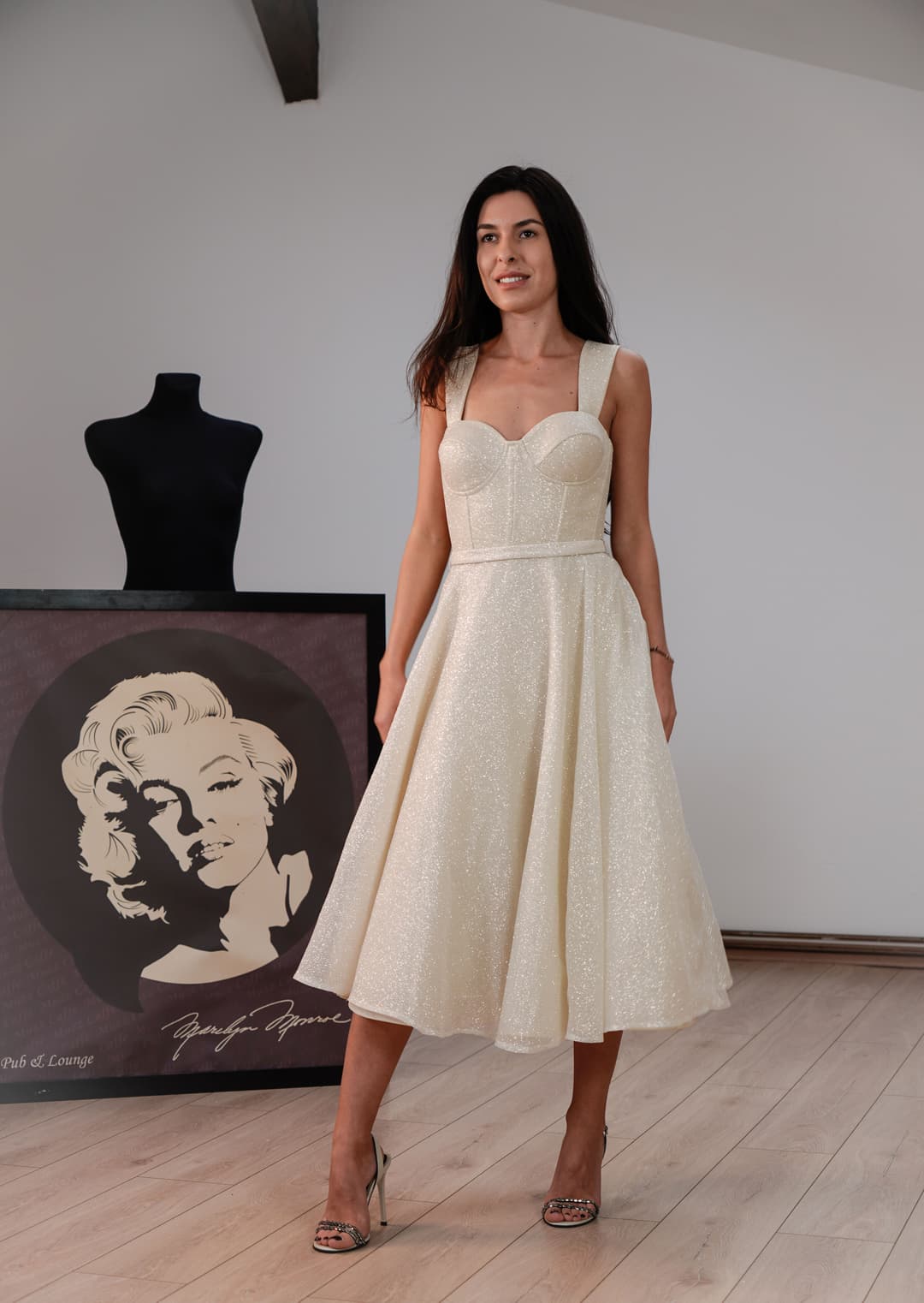 Gizell - Rochie de Seara Midi cu Sclipici Alb Gizell