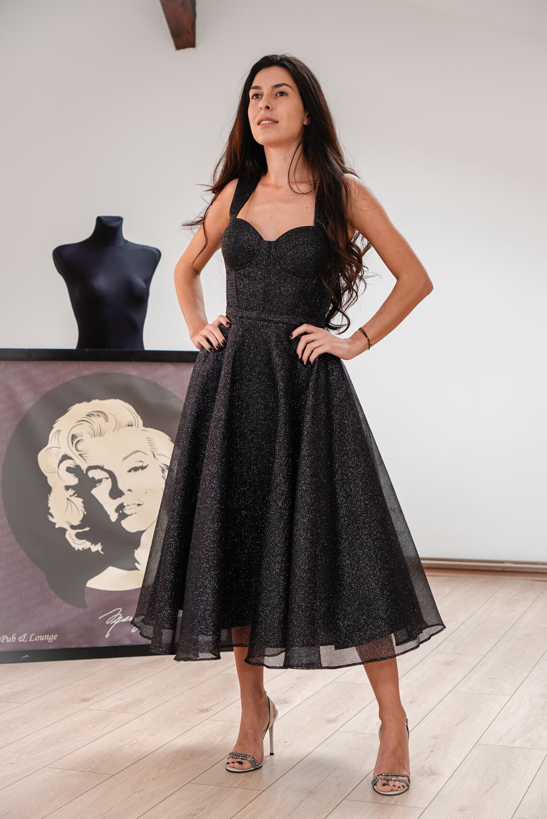 Gizell - Rochie de Seara Midi cu Sclipici Negru Gizell