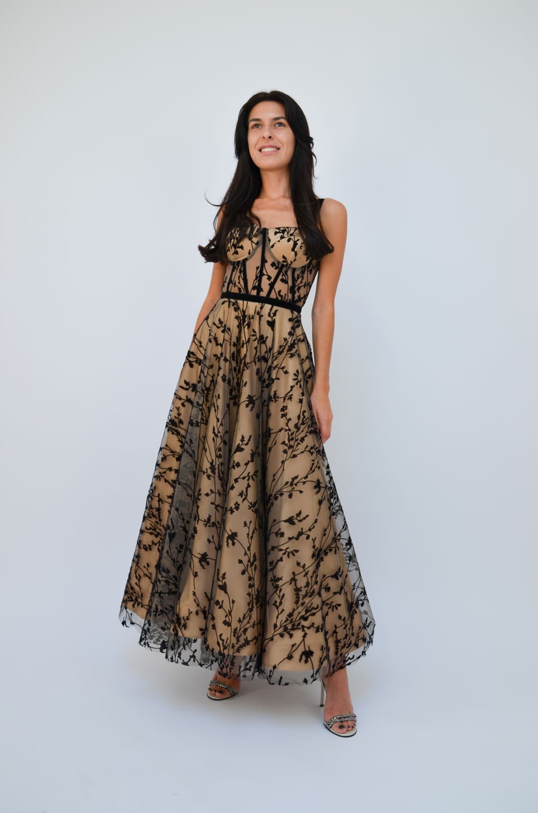 Gizell - Rochie Midi cu Corset Bej cu Negru Gizell